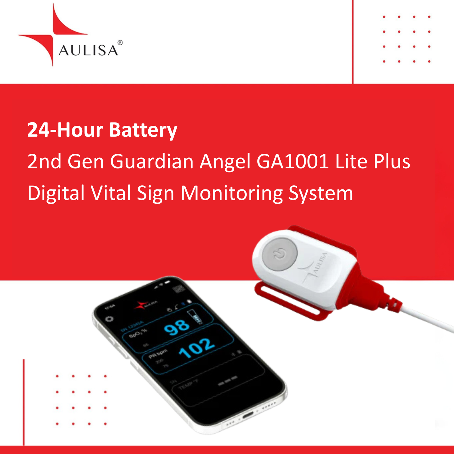 2nd Gen (24-Hour Battery) Guardian Angel GA1001 Lite Plus Digital Vital Sign Monitoring System - (GA-OM0018, Foam Strip Reusable Transmissive Oximeter Sensor) -Infant